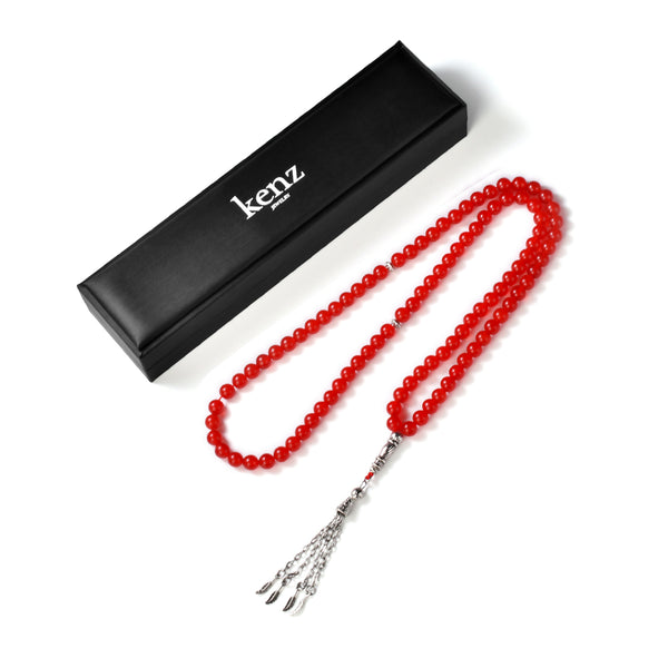 99 Natural Stone Prayer Beads – Red Chalcedony – Spiritual Tasbih Jewelry From Kenz Jewelry – Premium Arabic Jewelry